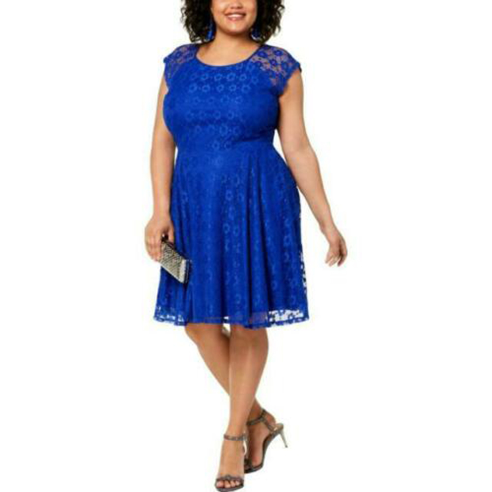 Синее кружевное платье с короткими рукавами и круглым вырезом City Studio 14