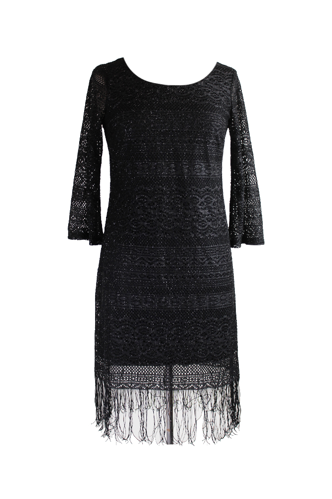 Черное платье прямого кроя с эффектом металлик и рукавами 3/4 и бахромой по краю As U Wish 6