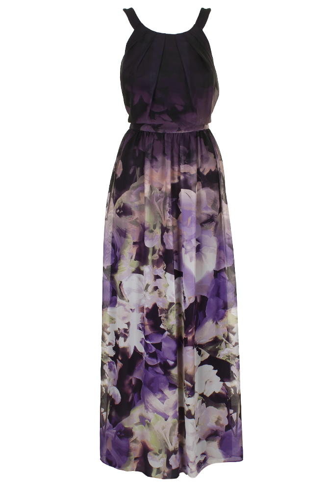 Betsy Adam Petite Purple Floral Print Sleeveless Chiffon Halter Gown 8P ...