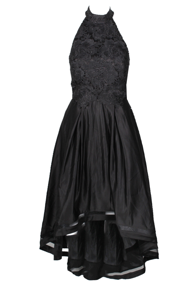 Черное кружевное и атласное платье с бретельками на шее от Betsy Adam Hi-Lo 10