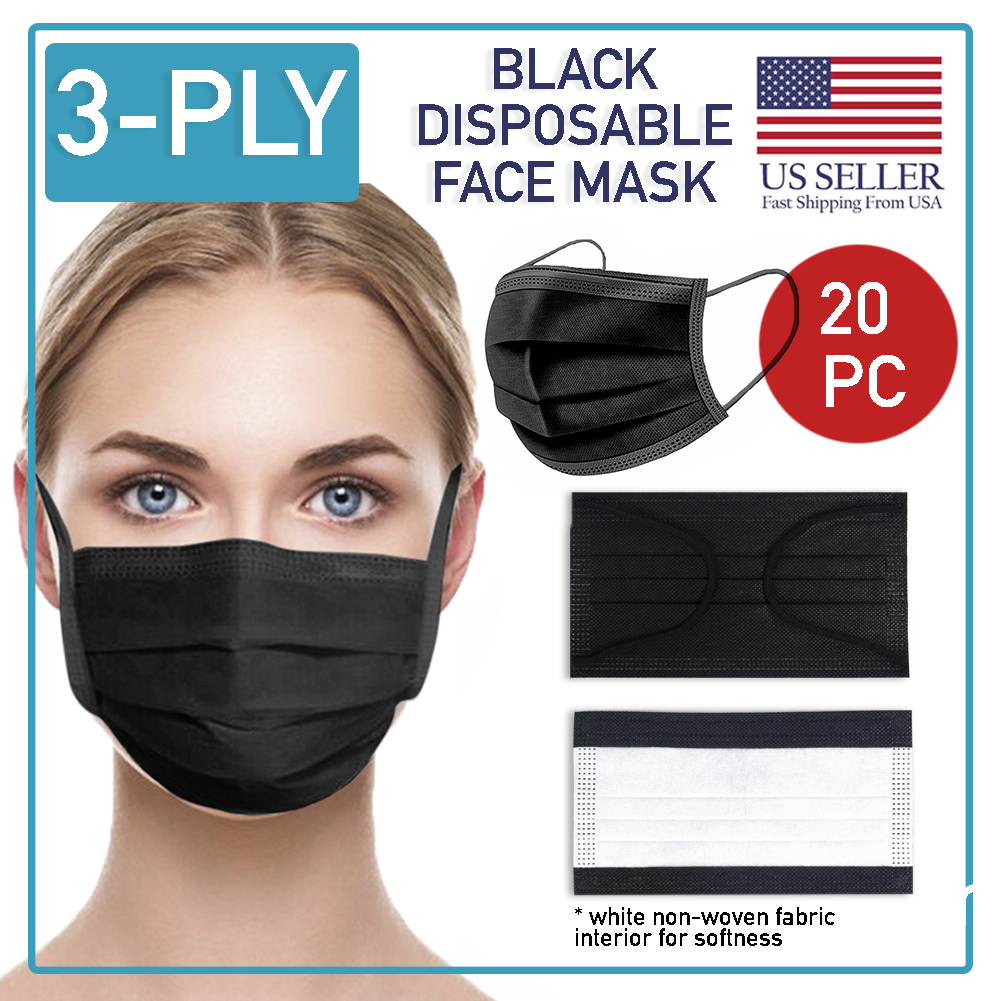 Black Disposable Face Mask 20 PCS 3-Ply Medical Surgical Ear-Loop Mouth ...