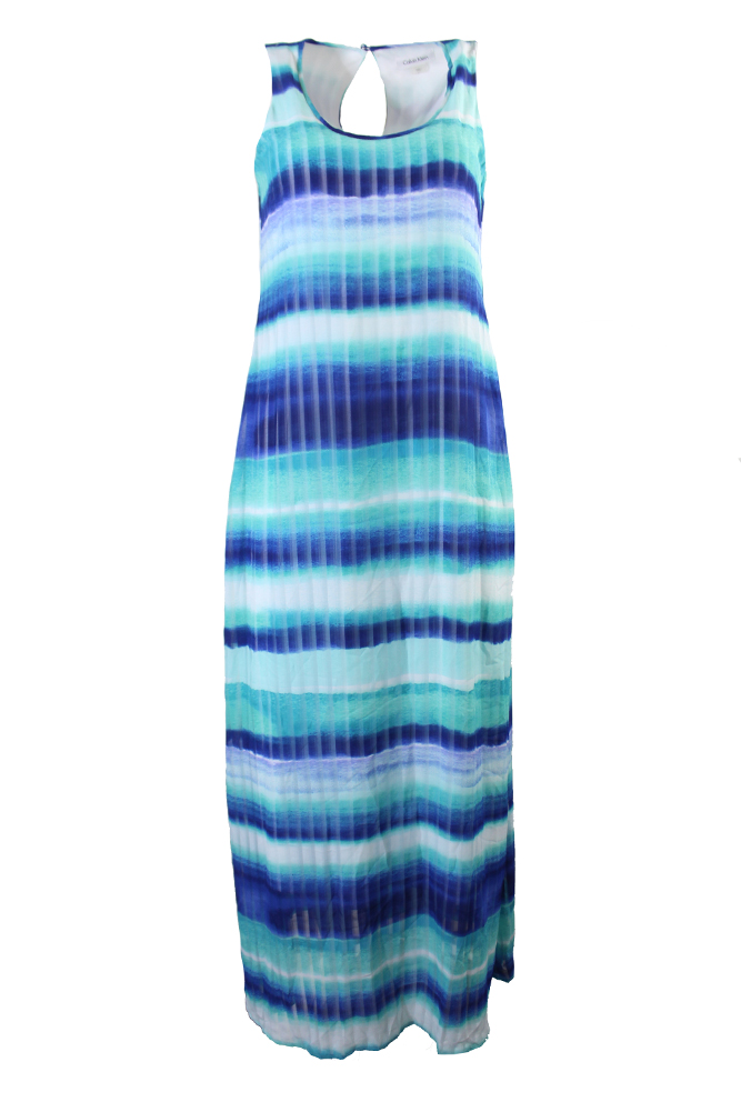 Calvin Klein Blue Striped Chiffon U-Neck Maxi Dress 6 MSRP: $139 ...