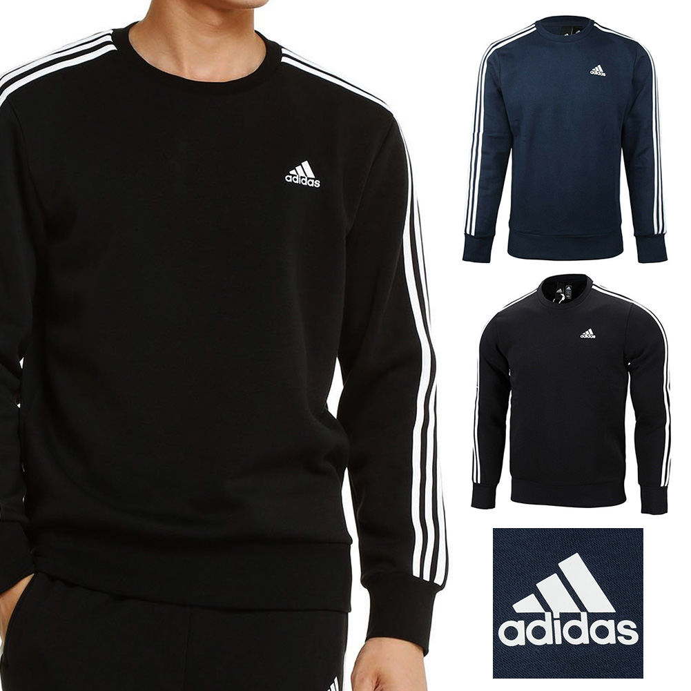 Adidas Men's Crew Neck Essential 3 Stripe Active Pullover Sweatshirt | eBay