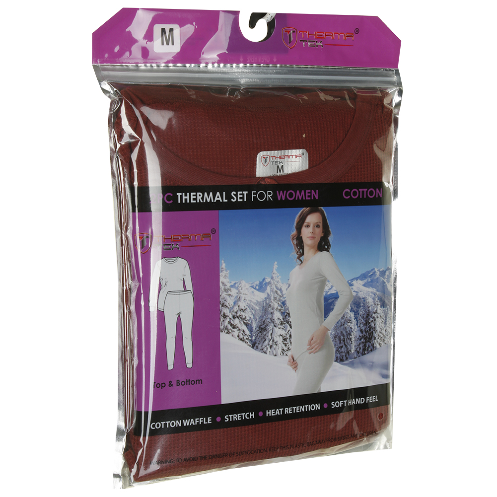 Therma Tek Women's 100% Cotton 2 PC Underwear Set Waffle Knit Long ...